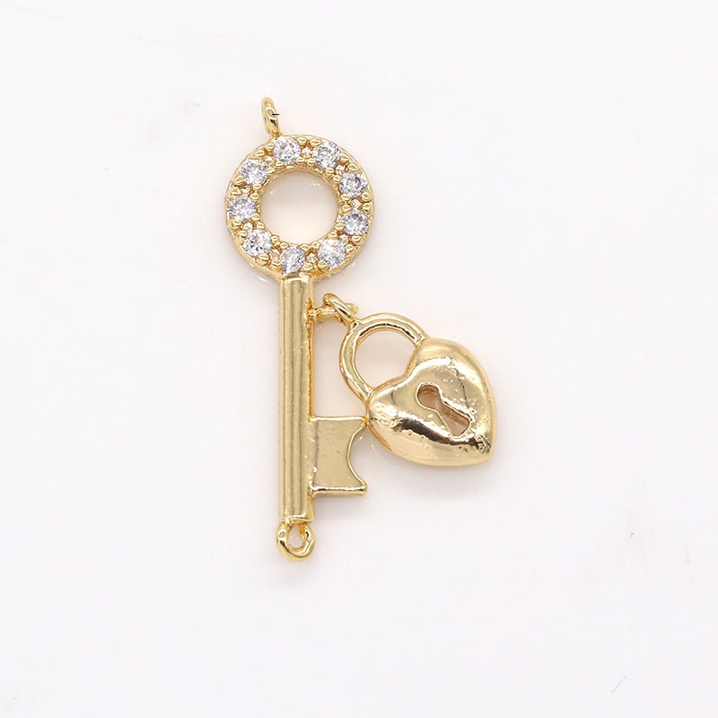 OS Golden Lock and Key Couple Charm CZ Padlock Key Equipment Micro Pave Charm Pendant GP-624
