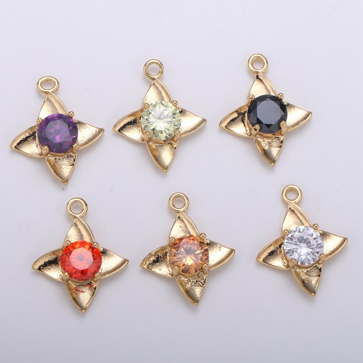 Golden Petal Crystal Bloom Flower Charms Single CZ Stone on Plain Gold Floral Nature Petal Charm Pendant GP-684 GP-704 GP-705 GP-706 GP-707 GP-708
