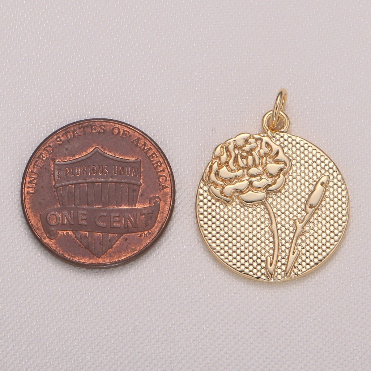 Golden Rose Medal Rustic Coin Charm, Gold Plated Floral Nature Medallion Charm Pendant GP-941