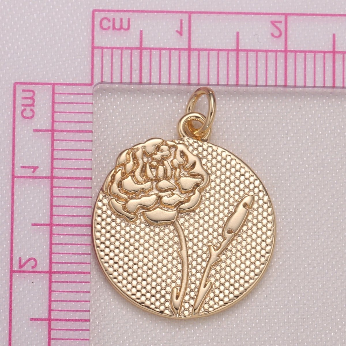Golden Rose Medal Rustic Coin Charm, Gold Plated Floral Nature Medallion Charm Pendant GP-941