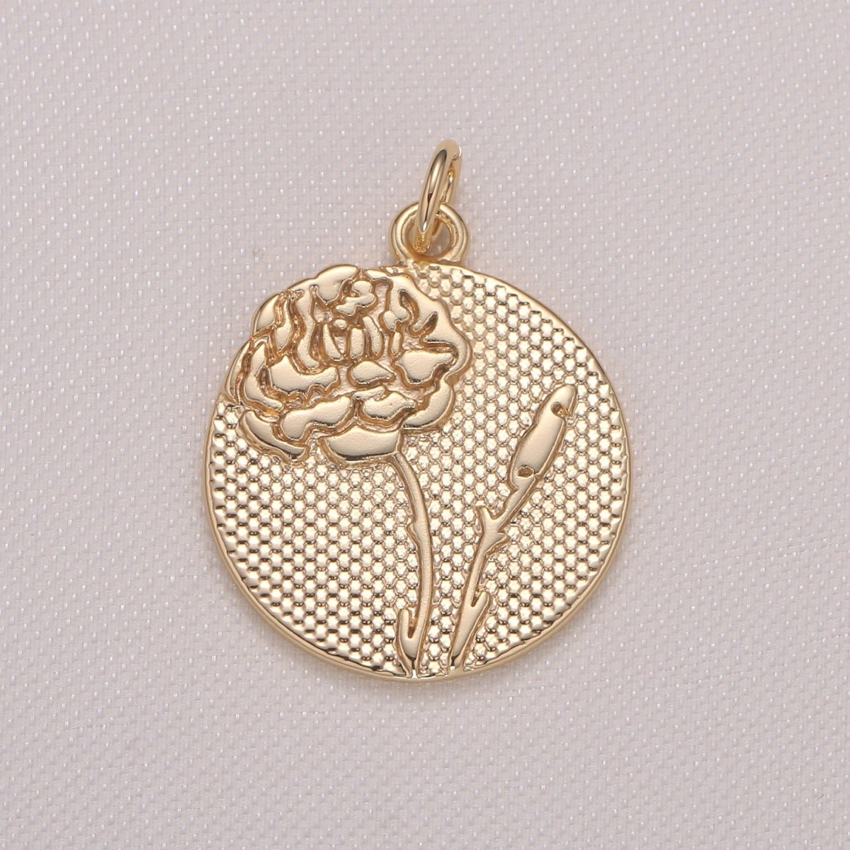 Golden Rose Medal Rustic Coin Charm, Gold Plated Floral Nature Medallion Charm Pendant GP-941