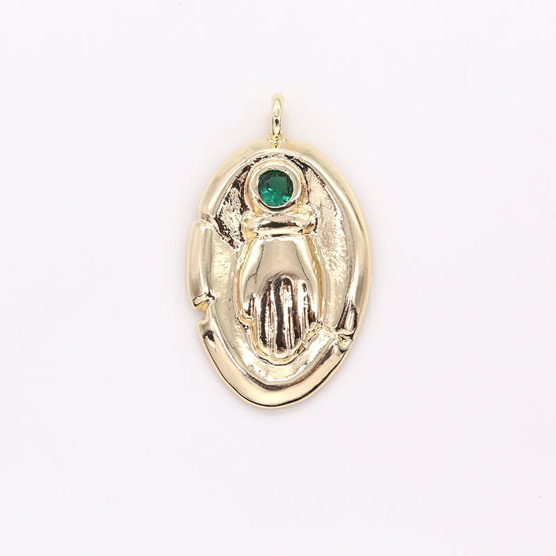 Golden Rustic Oval Coin Charm with Zirconia Stone CZ Crystal Geometric Shape Medallion Charm Pendant GP-410 GP-411 GP-414 GP-450