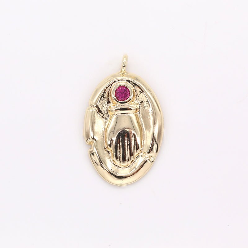 Golden Rustic Oval Coin Charm with Zirconia Stone CZ Crystal Geometric Shape Medallion Charm Pendant GP-410 GP-411 GP-414 GP-450