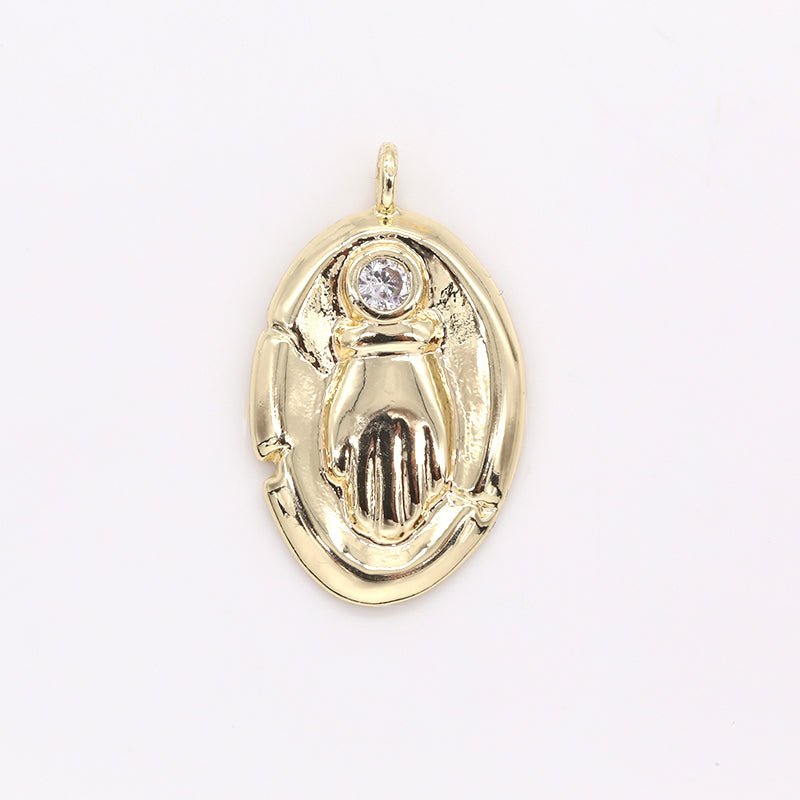 Golden Rustic Oval Coin Charm with Zirconia Stone CZ Crystal Geometric Shape Medallion Charm Pendant GP-410 GP-411 GP-414 GP-450