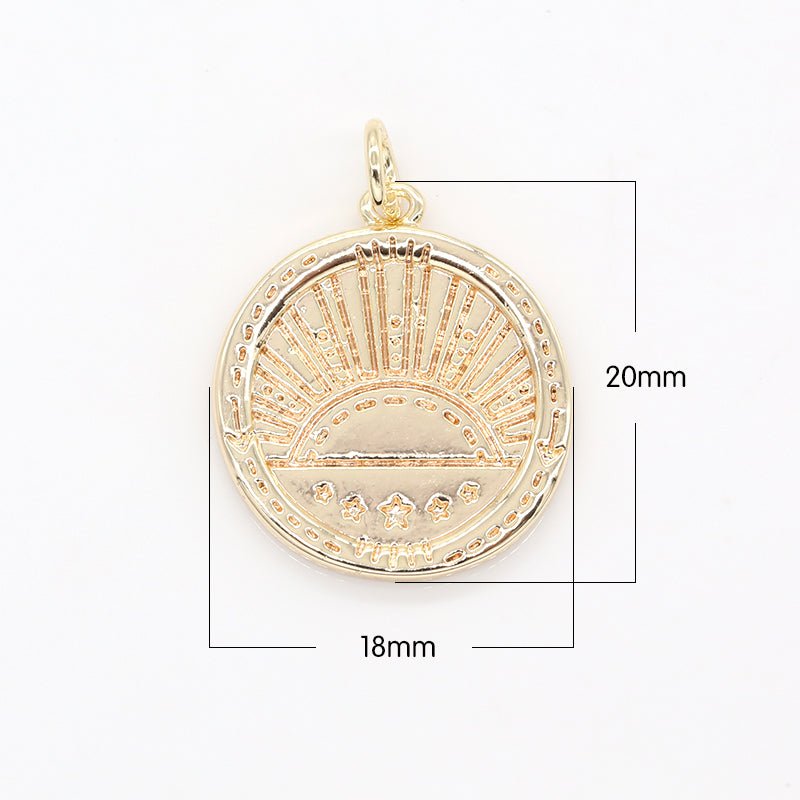 Golden Rustic Sun Rise Medallion Charm Morning Sunshine Coin Charm Pendant AC-1446 - DLUXCA
