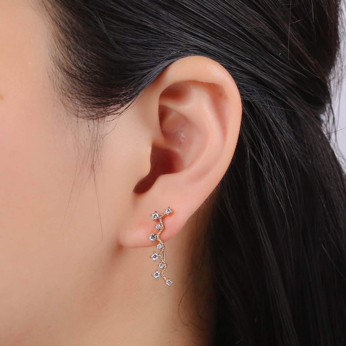 Golden Zigzag Rod StudEarrings CZ Mini Gold Filled Geometric Thin Stick Daily Wear Micro Pave Earring Jewelry P-009 - DLUXCA