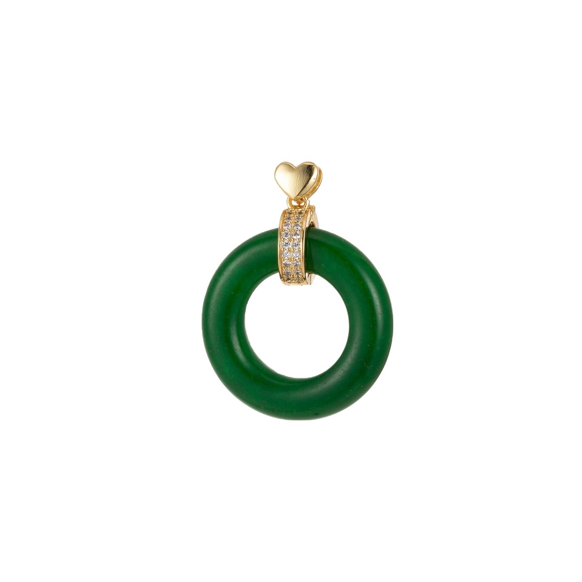 Good Fortune Gold Green Jade Heart Circle Pendant Donut Charm J-817 - DLUXCA