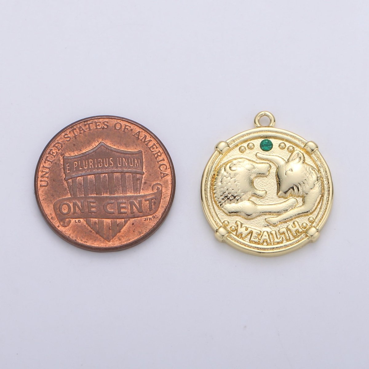 Good Luck charm "Wealth" Rustic Coin Gold Filled Charm with Green Crystal C-930 - DLUXCA