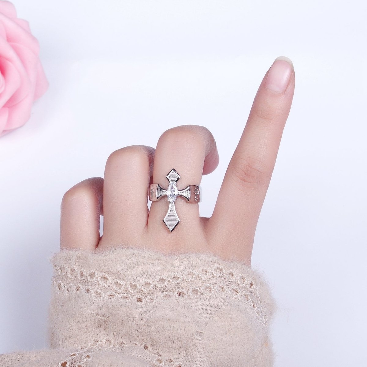 Gothic Style Cross Ring, Adjustable Ring, Gold Silver Ring With Clear Black Zirconia Stone Adjustable Ring