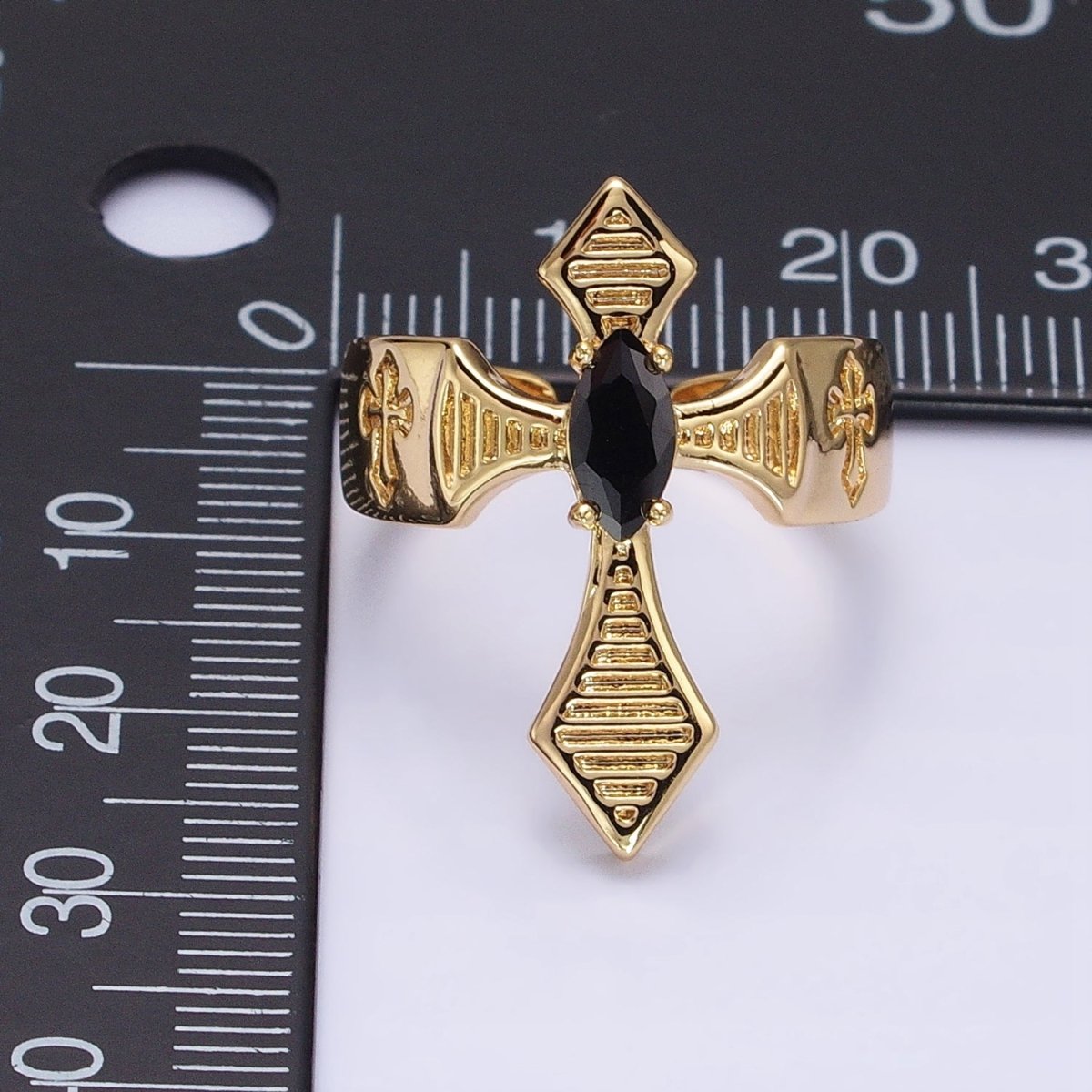 Gothic Style Cross Ring, Adjustable Ring, Gold Silver Ring With Clear Black Zirconia Stone Adjustable Ring