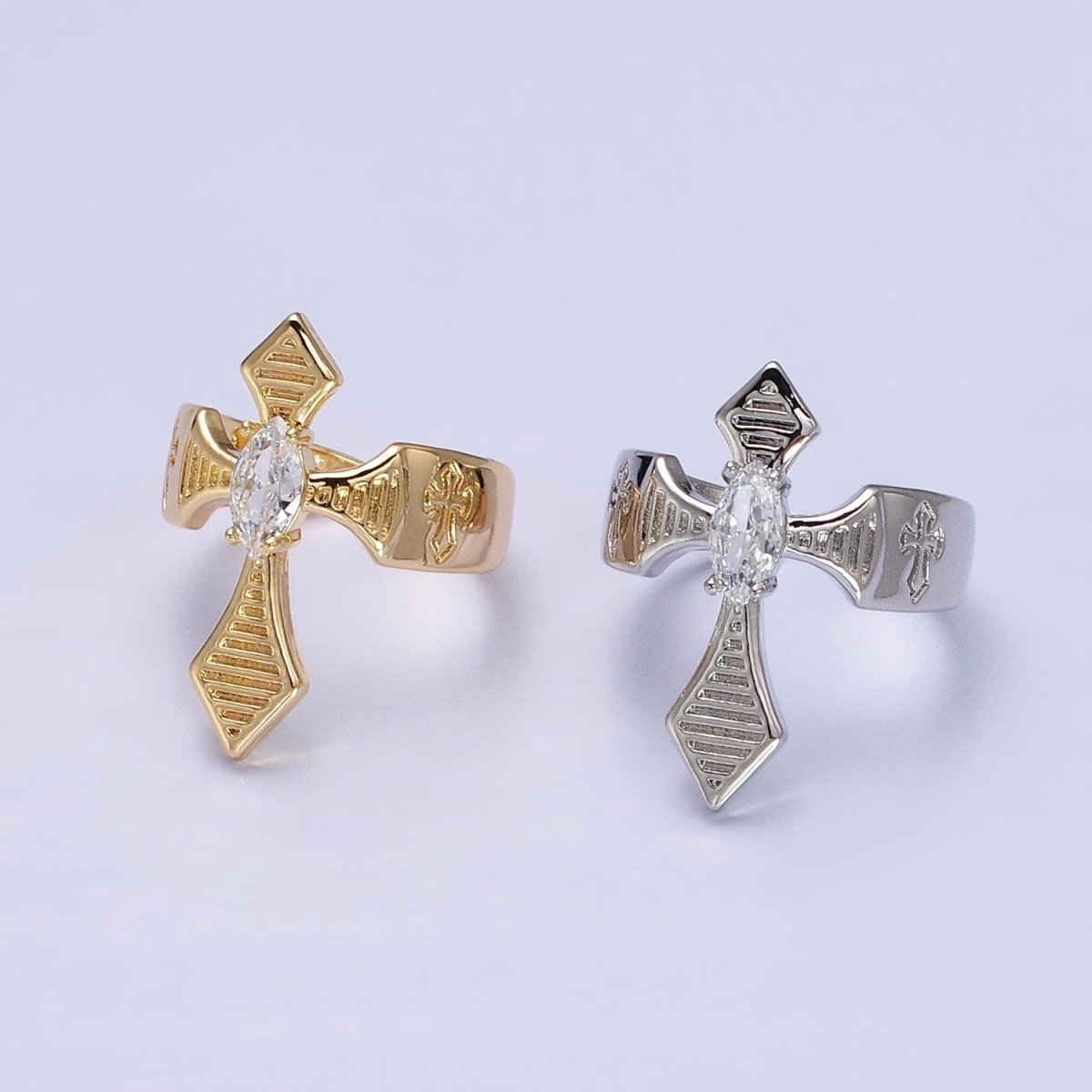 Gothic Style Cross Ring, Adjustable Ring, Gold Silver Ring With Clear Black Zirconia Stone Adjustable Ring