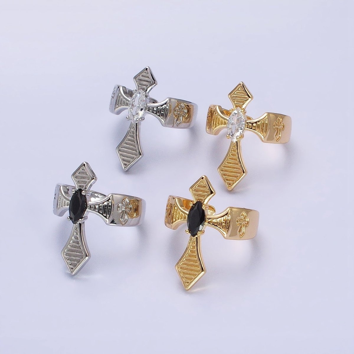 Gothic Style Cross Ring, Adjustable Ring, Gold Silver Ring With Clear Black Zirconia Stone Adjustable Ring