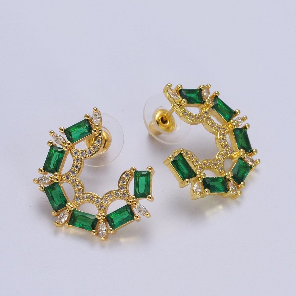 Green Baguette Clear Marquise Micro Paved CZ Geometric Stud Earrings | P-522 - DLUXCA