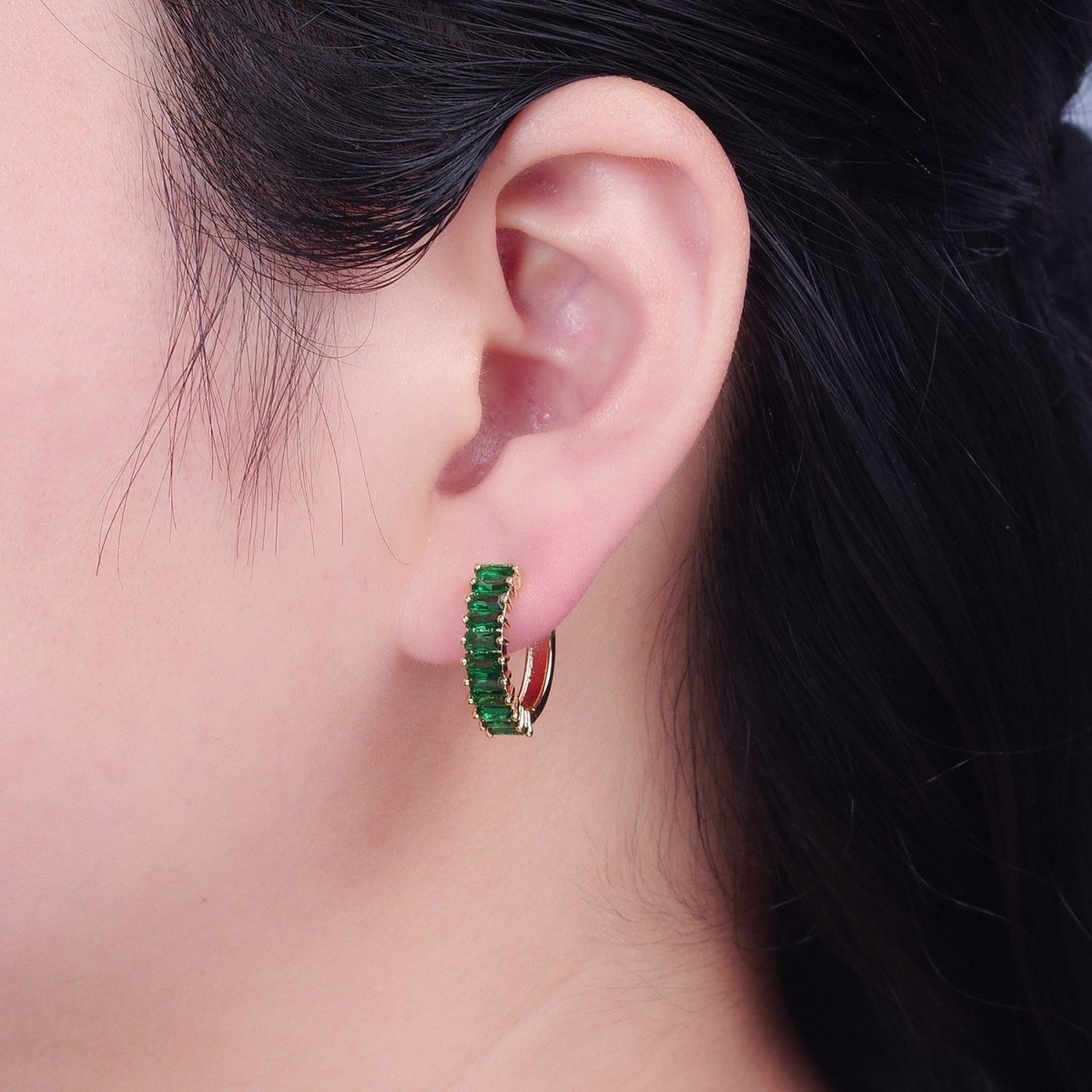Green Baguette Hoop Earring / Pink Baguettee Hoop Earring in 18k Gold Filled Hoop T-492 T-493