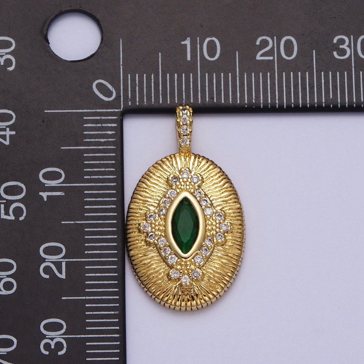 Green, Clear Marquise Line Textured Oval Micro Paved Gold Pendant  H-911 H-935