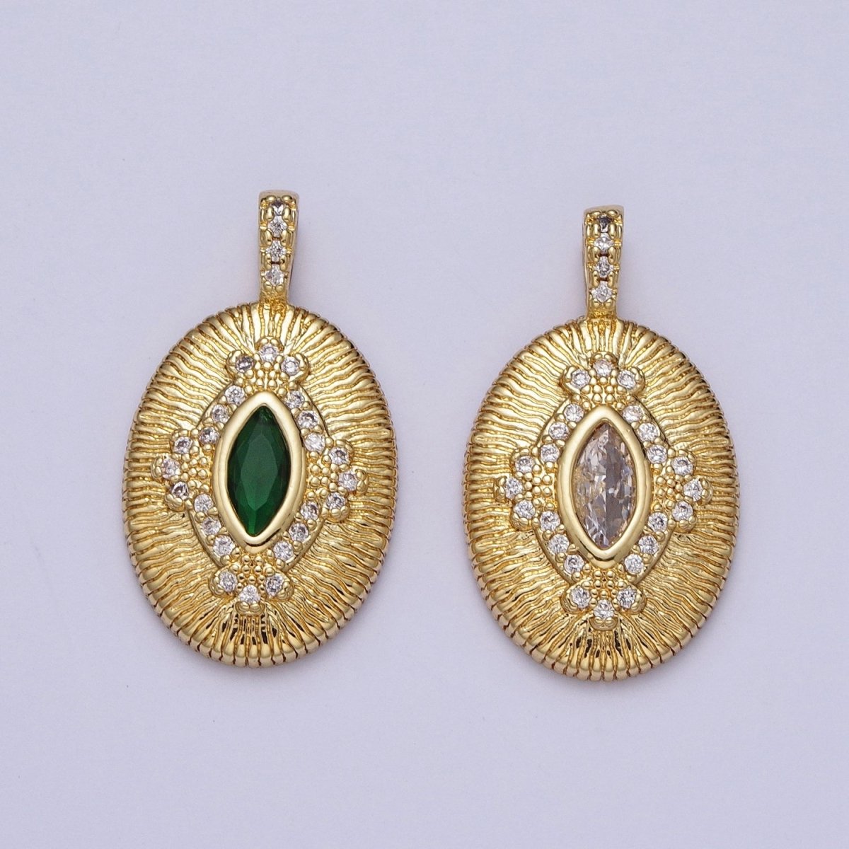 Green, Clear Marquise Line Textured Oval Micro Paved Gold Pendant  H-911 H-935