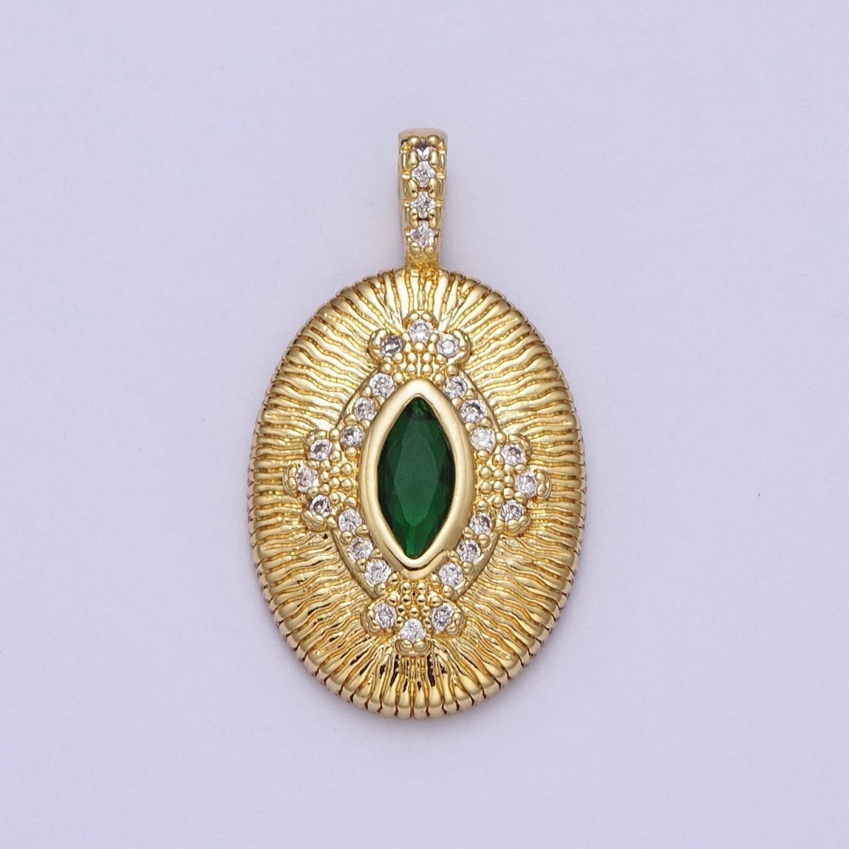 Green, Clear Marquise Line Textured Oval Micro Paved Gold Pendant  H-911 H-935