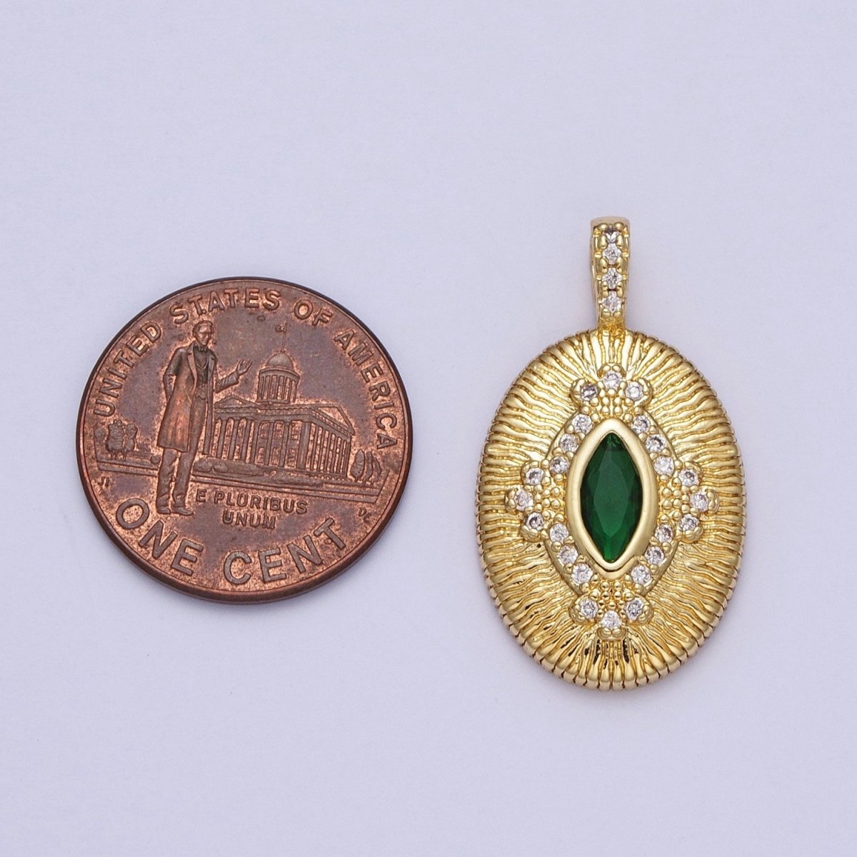 Green, Clear Marquise Line Textured Oval Micro Paved Gold Pendant  H-911 H-935