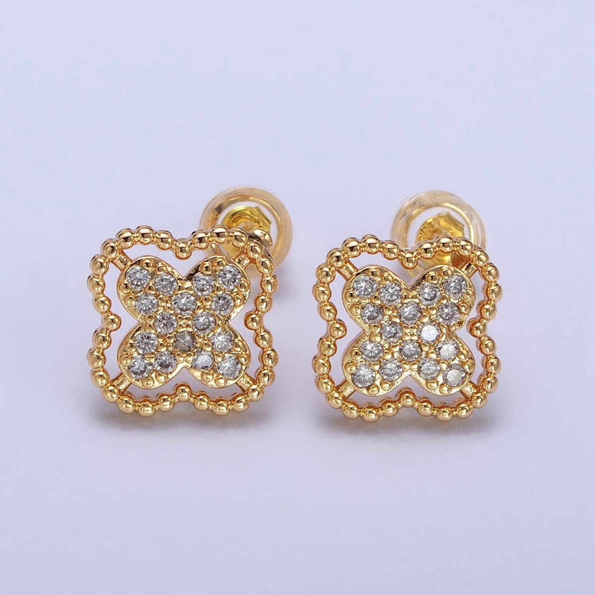 Green, Clear, Pink Micro Paved CZ Beaded Quatrefoil Clover Stud Earrings in Gold & Silver | AB404 - AB409