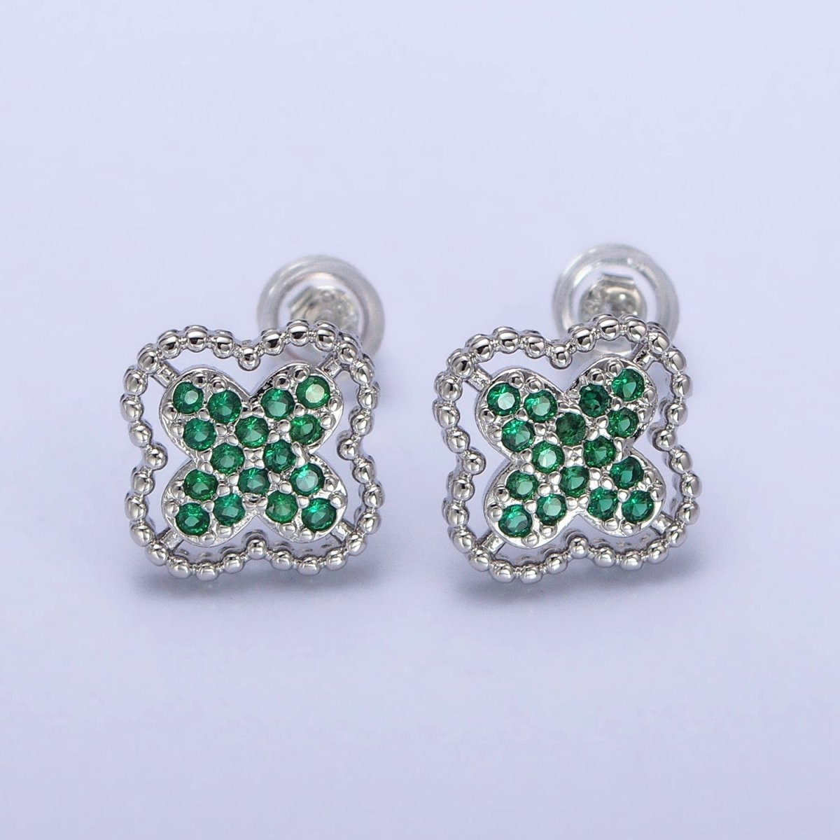 Green, Clear, Pink Micro Paved CZ Beaded Quatrefoil Clover Stud Earrings in Gold & Silver | AB404 - AB409