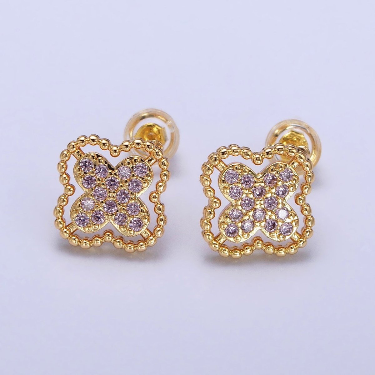 Green, Clear, Pink Micro Paved CZ Beaded Quatrefoil Clover Stud Earrings in Gold & Silver | AB404 - AB409