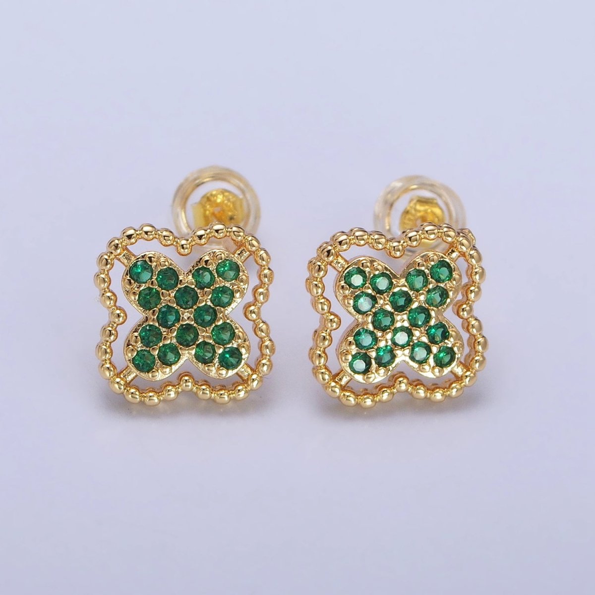 Green, Clear, Pink Micro Paved CZ Beaded Quatrefoil Clover Stud Earrings in Gold & Silver | AB404 - AB409