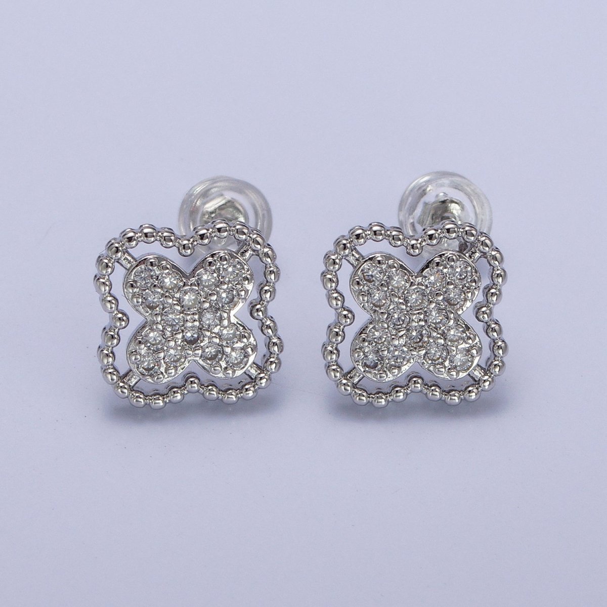 Green, Clear, Pink Micro Paved CZ Beaded Quatrefoil Clover Stud Earrings in Gold & Silver | AB404 - AB409