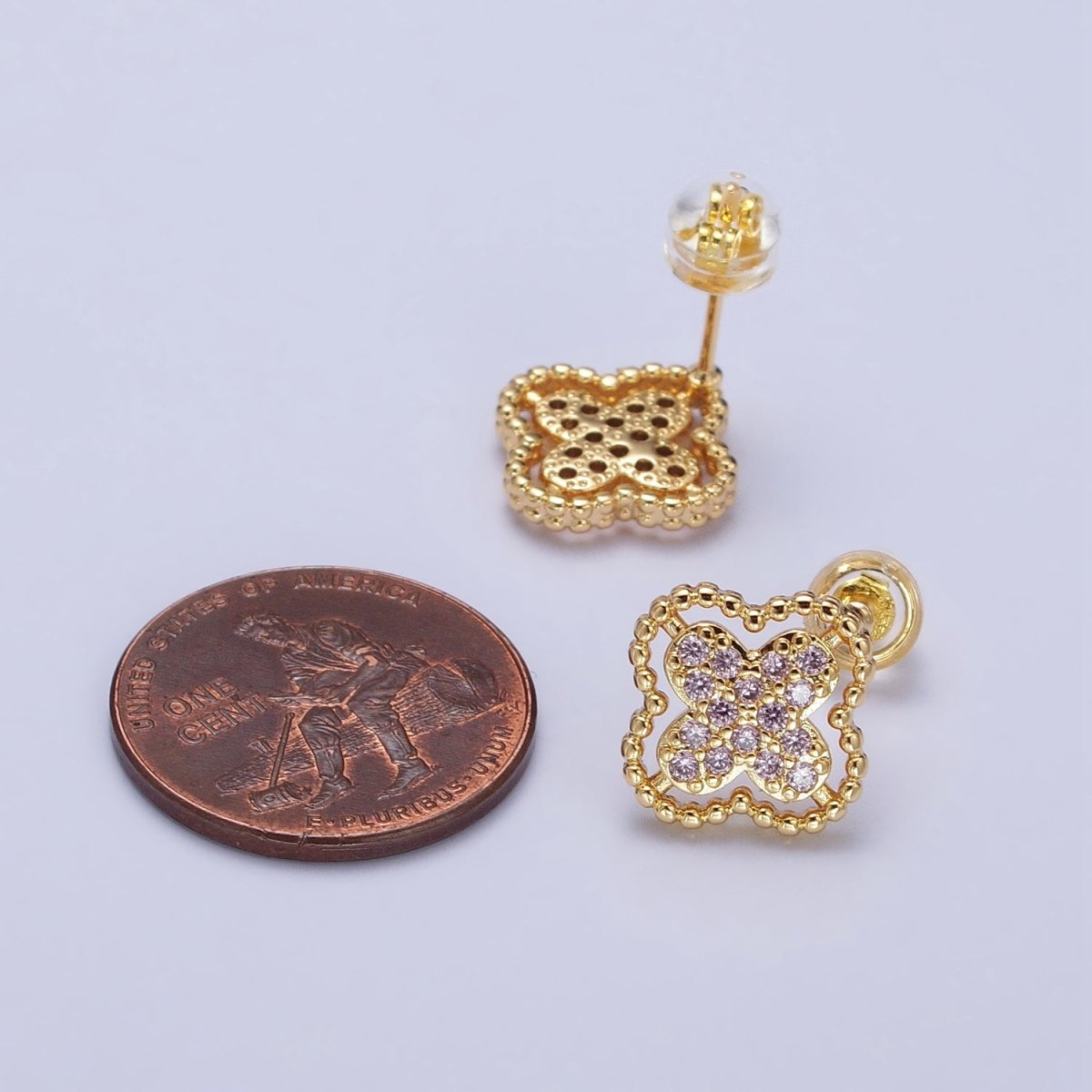 Green, Clear, Pink Micro Paved CZ Beaded Quatrefoil Clover Stud Earrings in Gold & Silver | AB404 - AB409