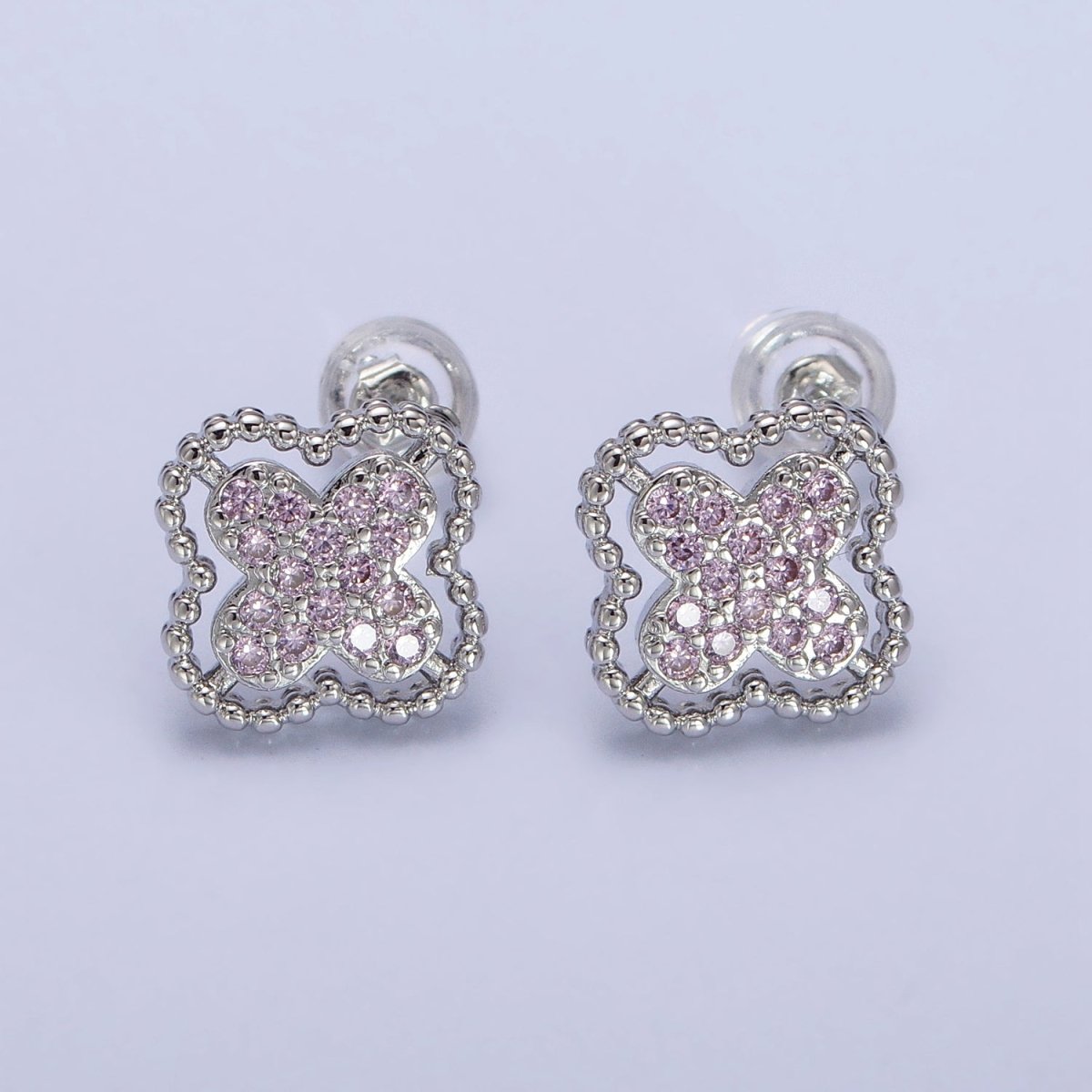 Green, Clear, Pink Micro Paved CZ Beaded Quatrefoil Clover Stud Earrings in Gold & Silver | AB404 - AB409