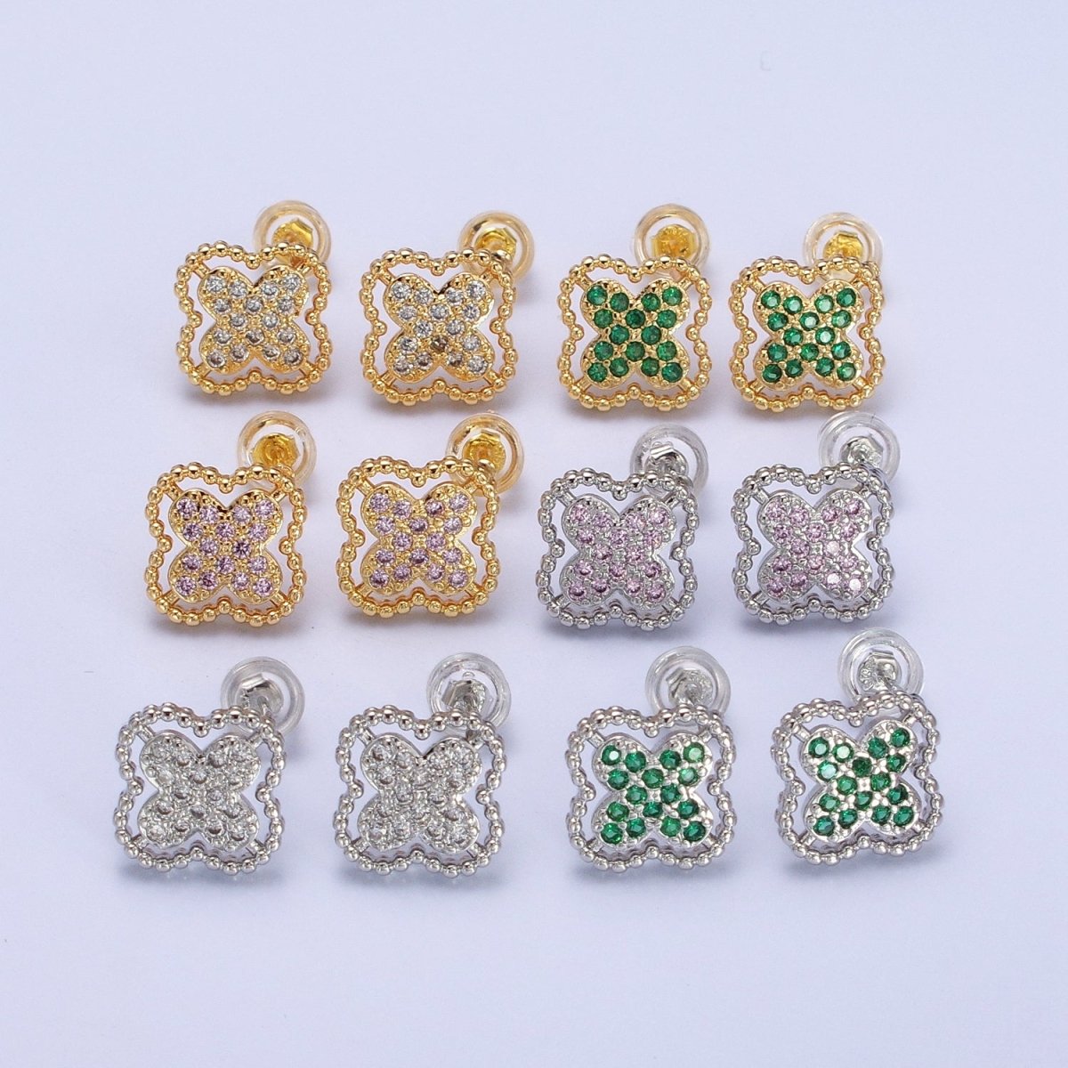 Green, Clear, Pink Micro Paved CZ Beaded Quatrefoil Clover Stud Earrings in Gold & Silver | AB404 - AB409