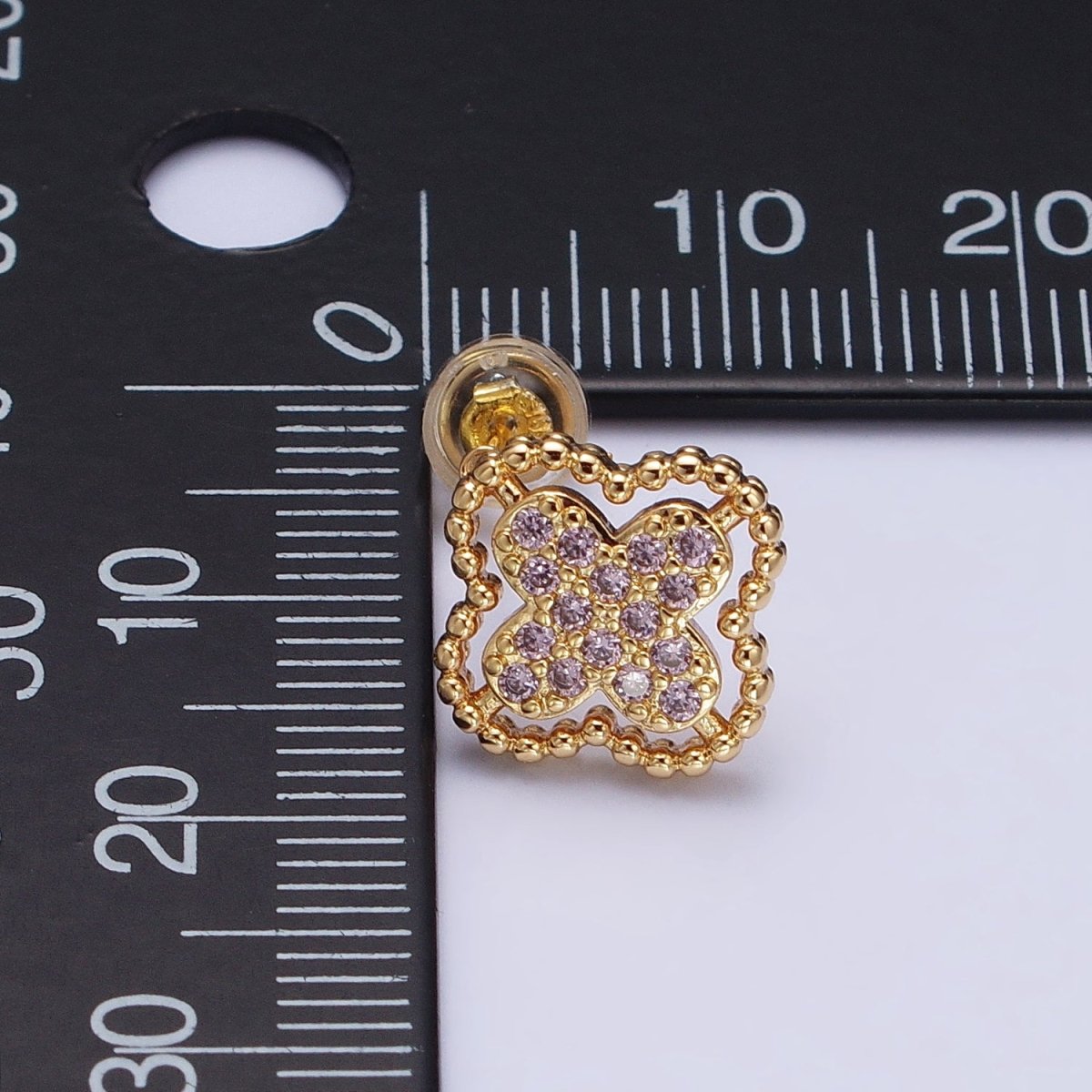 Green, Clear, Pink Micro Paved CZ Beaded Quatrefoil Clover Stud Earrings in Gold & Silver | AB404 - AB409