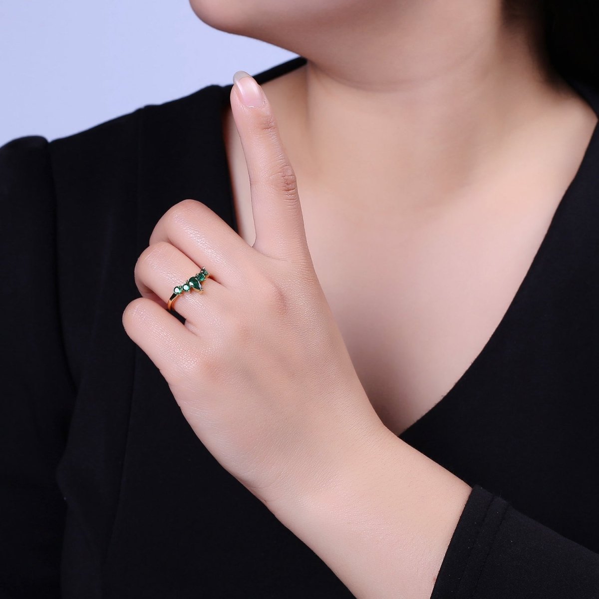 Green Crown Gold Emerald Style Ring with Cubic Zirconia Dainty Marquise CZ Adjustable Ring S-504 - DLUXCA