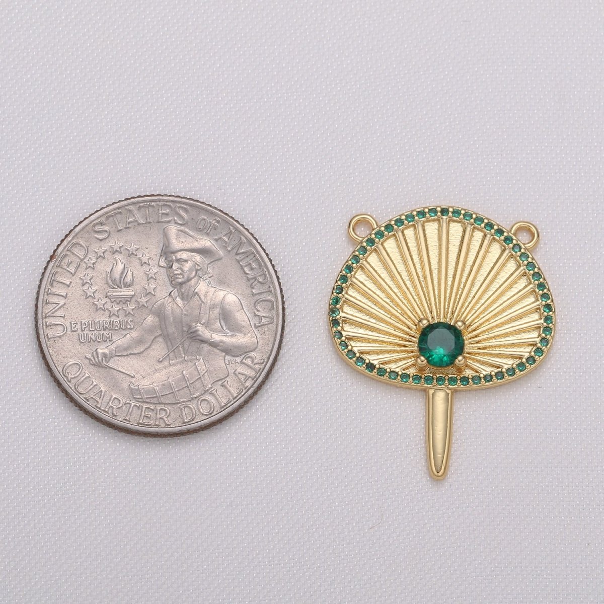 Green Crystal on Golden Sunburst Nippon Japan Fan Connector CZ Morning Sunrays Ornament Jewelry Supply Component GP-602 - DLUXCA