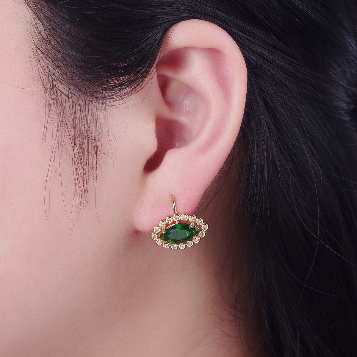 Green Cubic Zirconia Evil Eye French Hook Earrings P-386 - DLUXCA