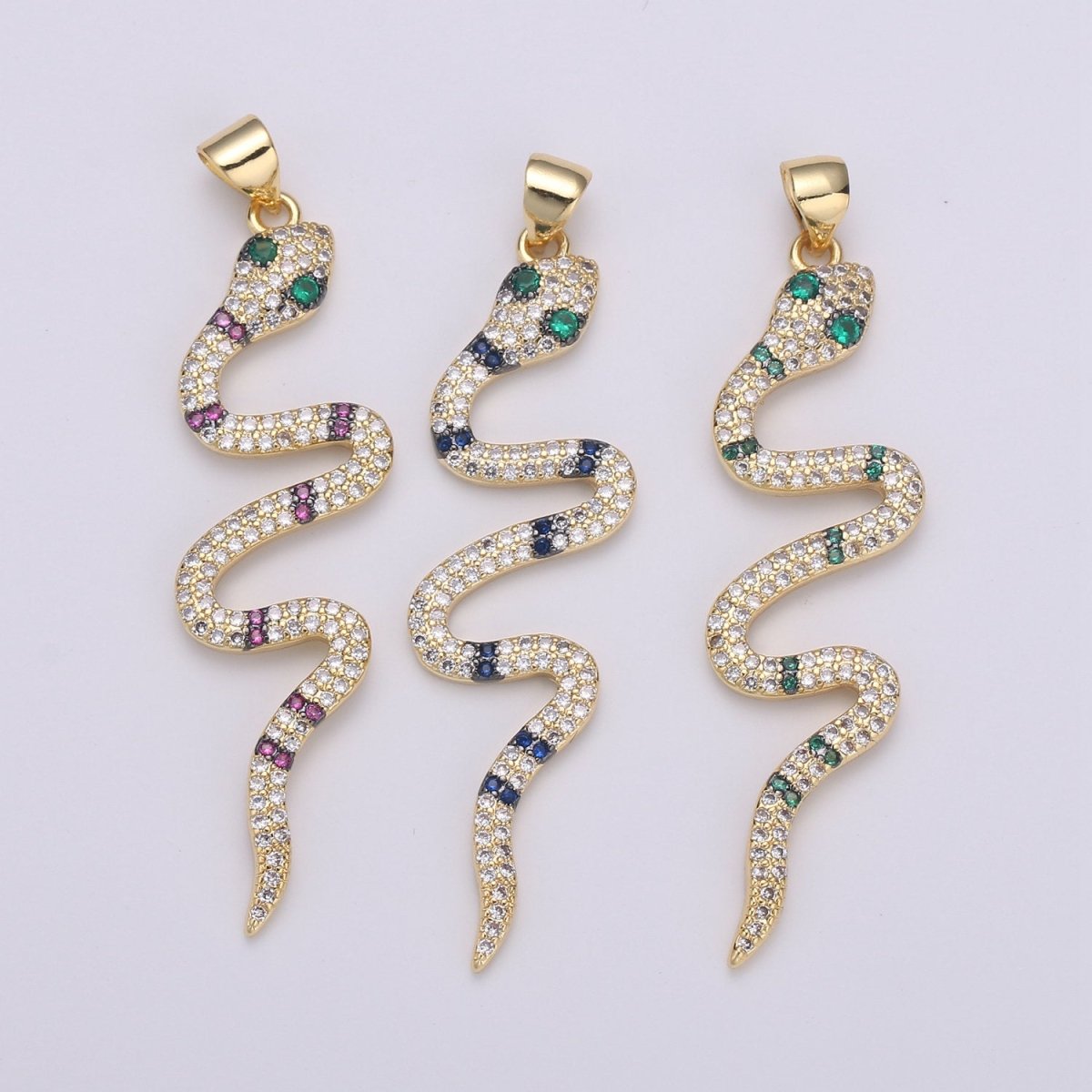 Green CZ  14k Gold Filled Snake Charm, Micro Pave Snake Pendant Charm, Gold Filled Charm, For Serpent Animal Jewelry Dangle Charm I-906 I-905 I-907