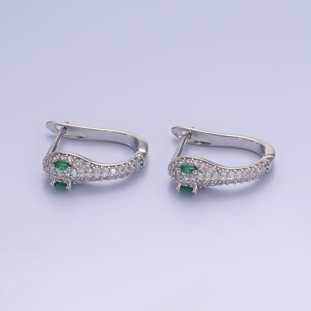 Green CZ-Eyed Micro Paved Snake English Lock Earrings in Gold & Silver | P488