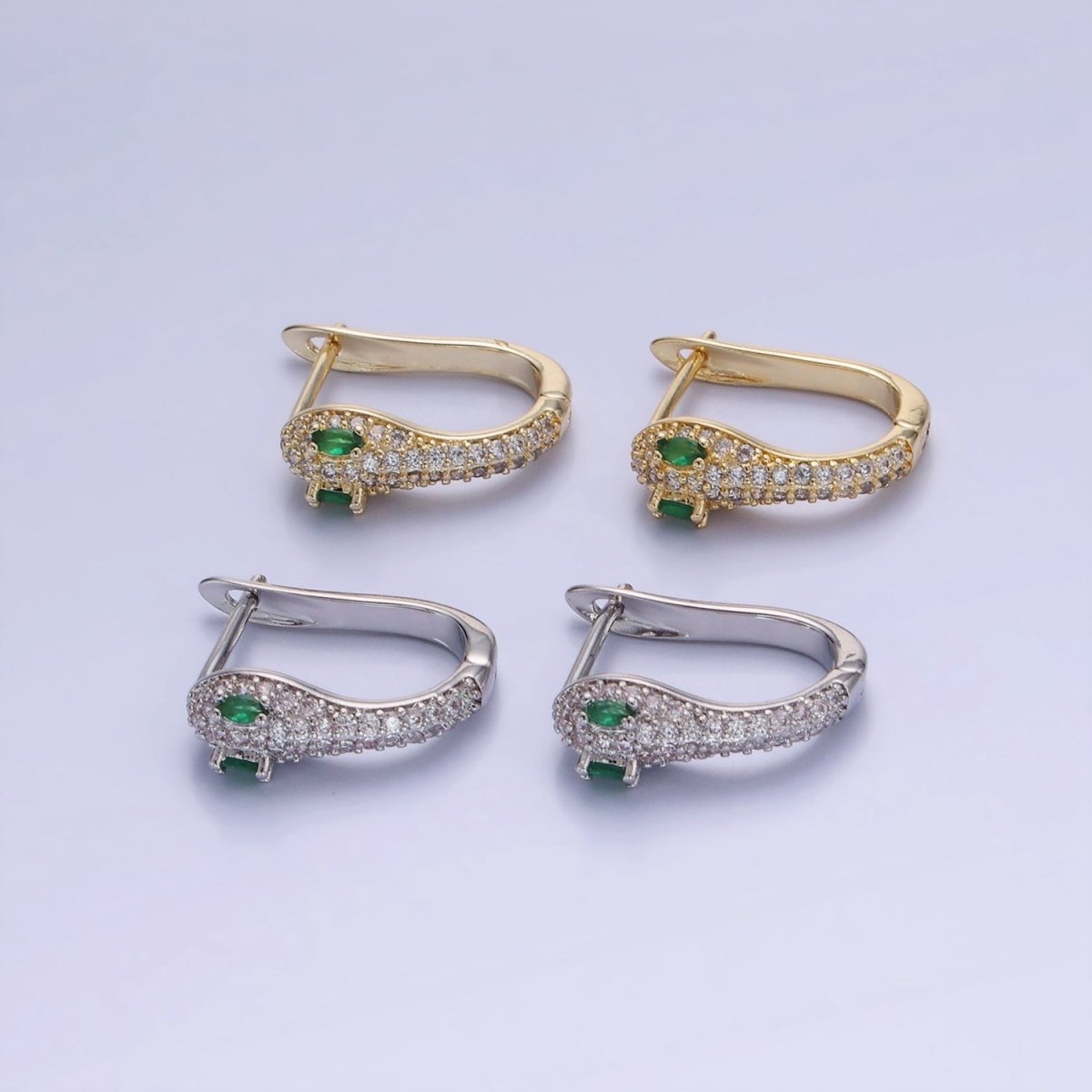 Green CZ-Eyed Micro Paved Snake English Lock Earrings in Gold & Silver | P488