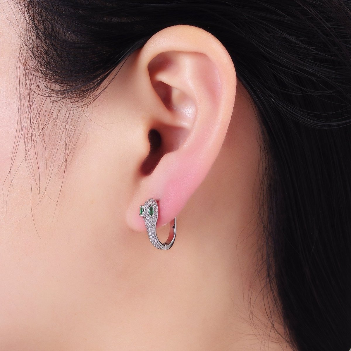 Green CZ-Eyed Micro Paved Snake English Lock Earrings in Gold & Silver | P488