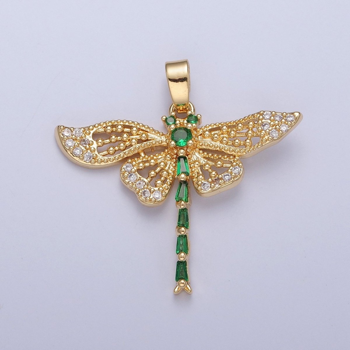 Green Emerald CZ Dragon Fly Necklace Charm Gold Insect Pendant Jewelry X-324 - DLUXCA