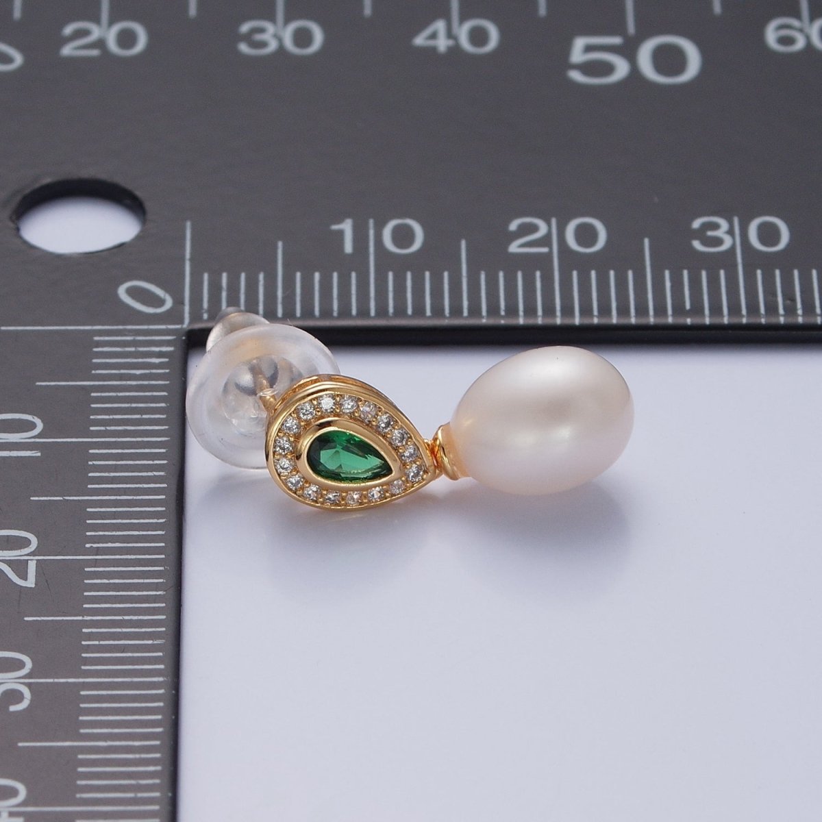 Green Emerald CZ Tear Drop Stud Earring With Pearl T-540
