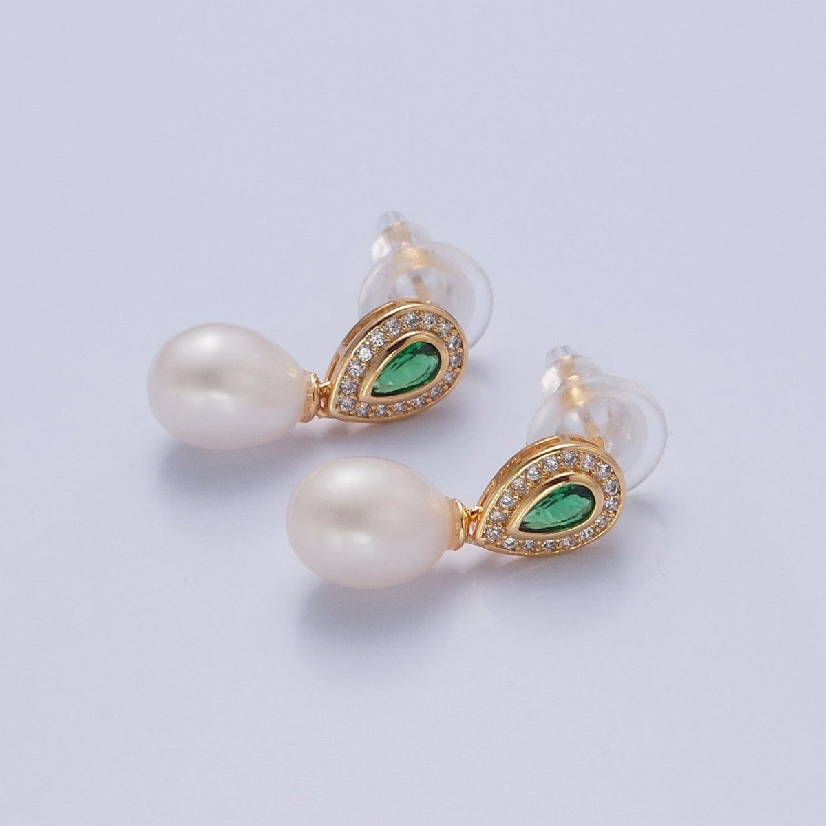 Green Emerald CZ Tear Drop Stud Earring With Pearl T-540