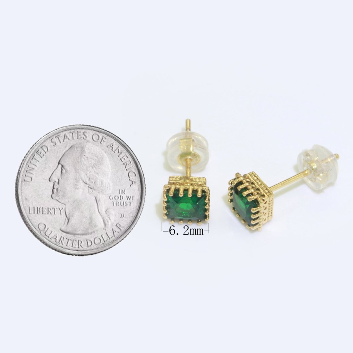 Green Emerald Stud Earring 18k Gold Filled Square Stud Minimalist Earring T-144 - DLUXCA
