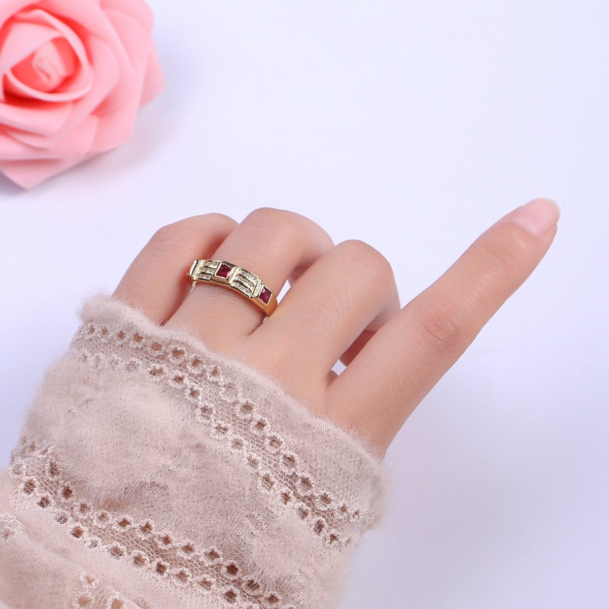 Green / Fuschia CZ Stone Gold Ring Open Adjustable Jewelry Masculine Unisex Ring U-227 U-228