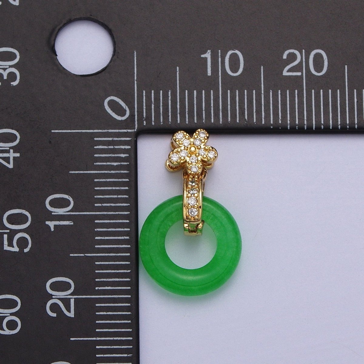 Green Malaysian Jade Donut Micro Paved CZ Gold Flower Pendant | AA010 - DLUXCA
