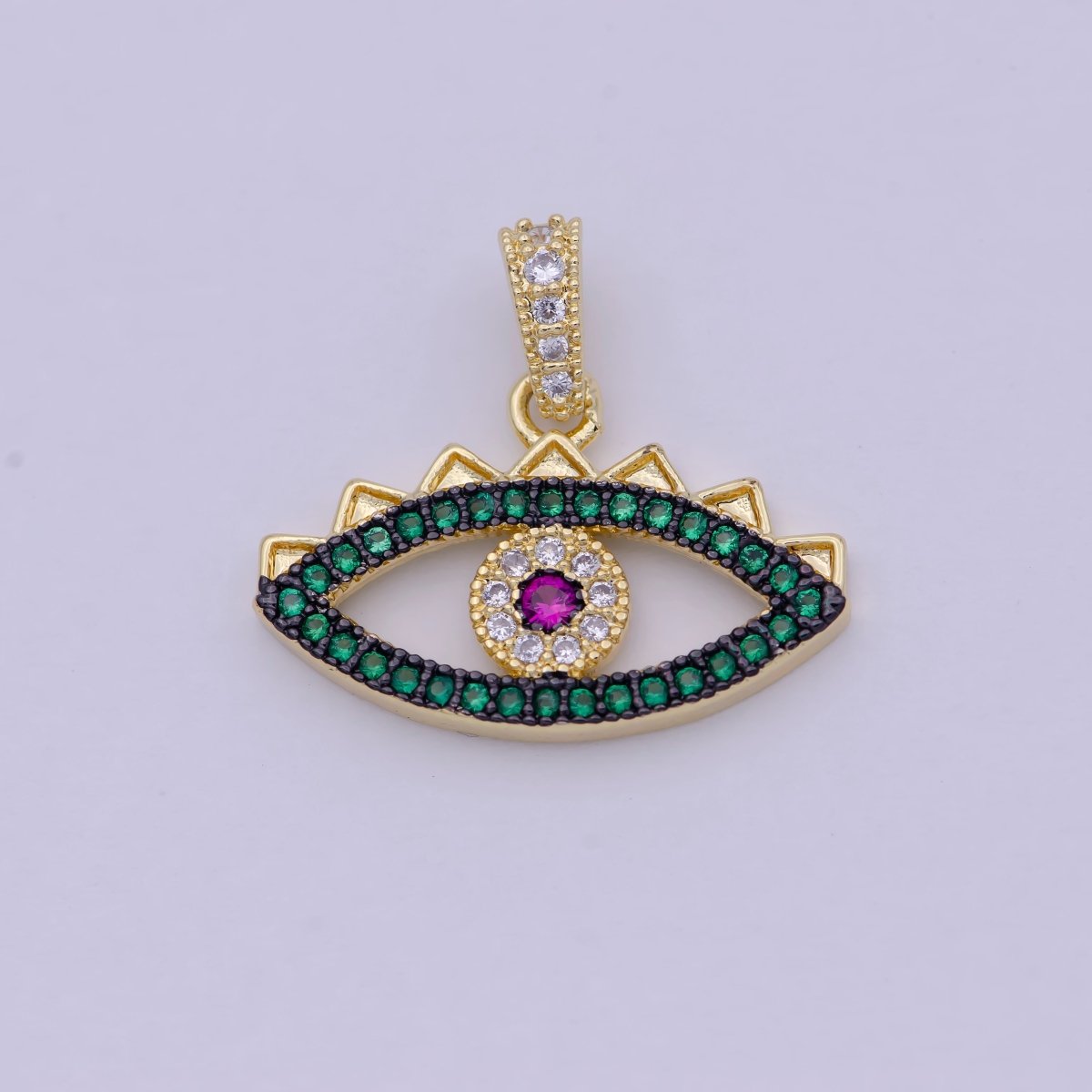 Green Micro Pave Evil Eye Charm Cubic Eye Of Ra Necklace Earring Charm in 24k Gold Filled for Necklace Bracelet Component Supply I-774 - DLUXCA