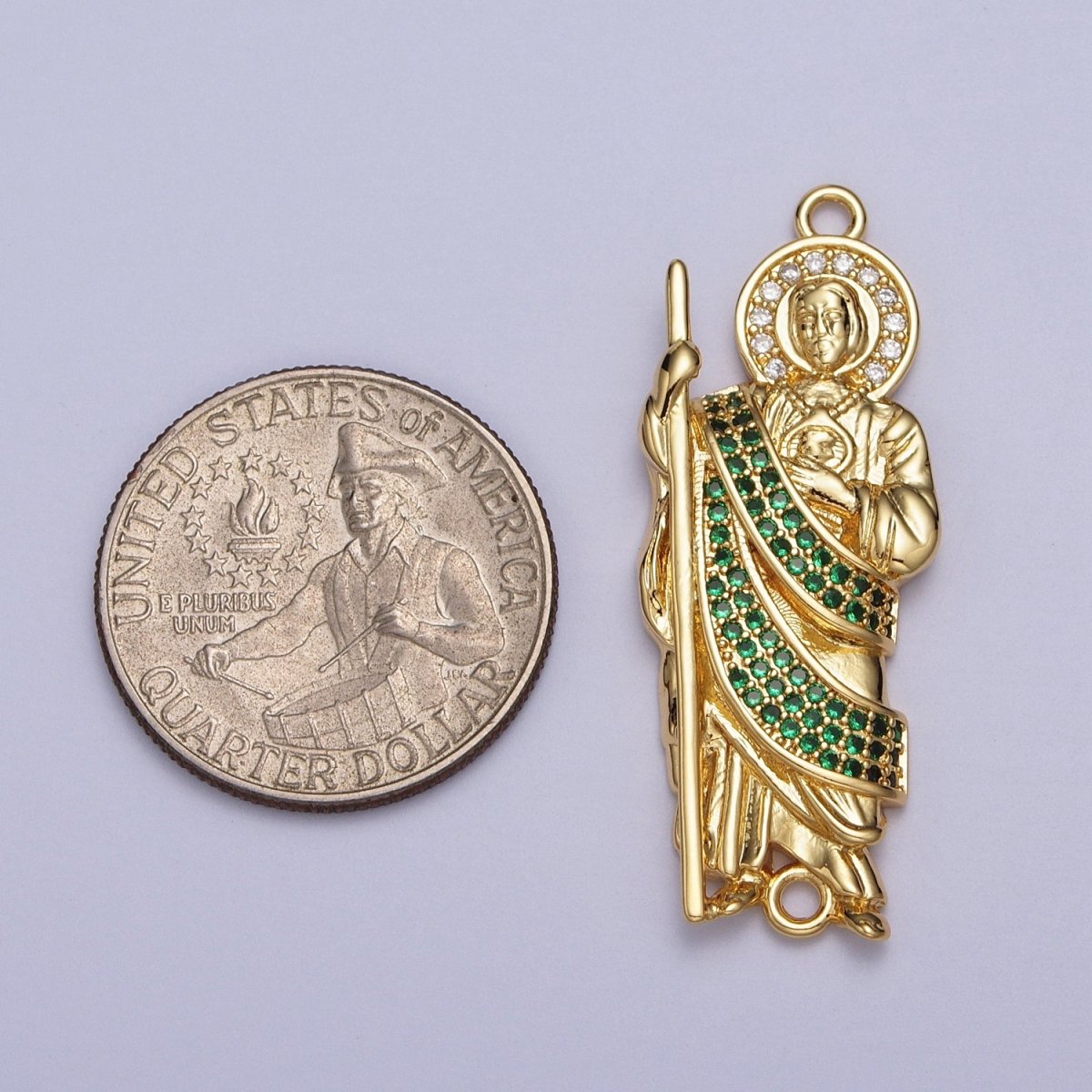 Green Micro Paved CZ Saint Jude Religious San Judas Tadeo Cadena Charm Connector for Bracelet | Y-674 - DLUXCA