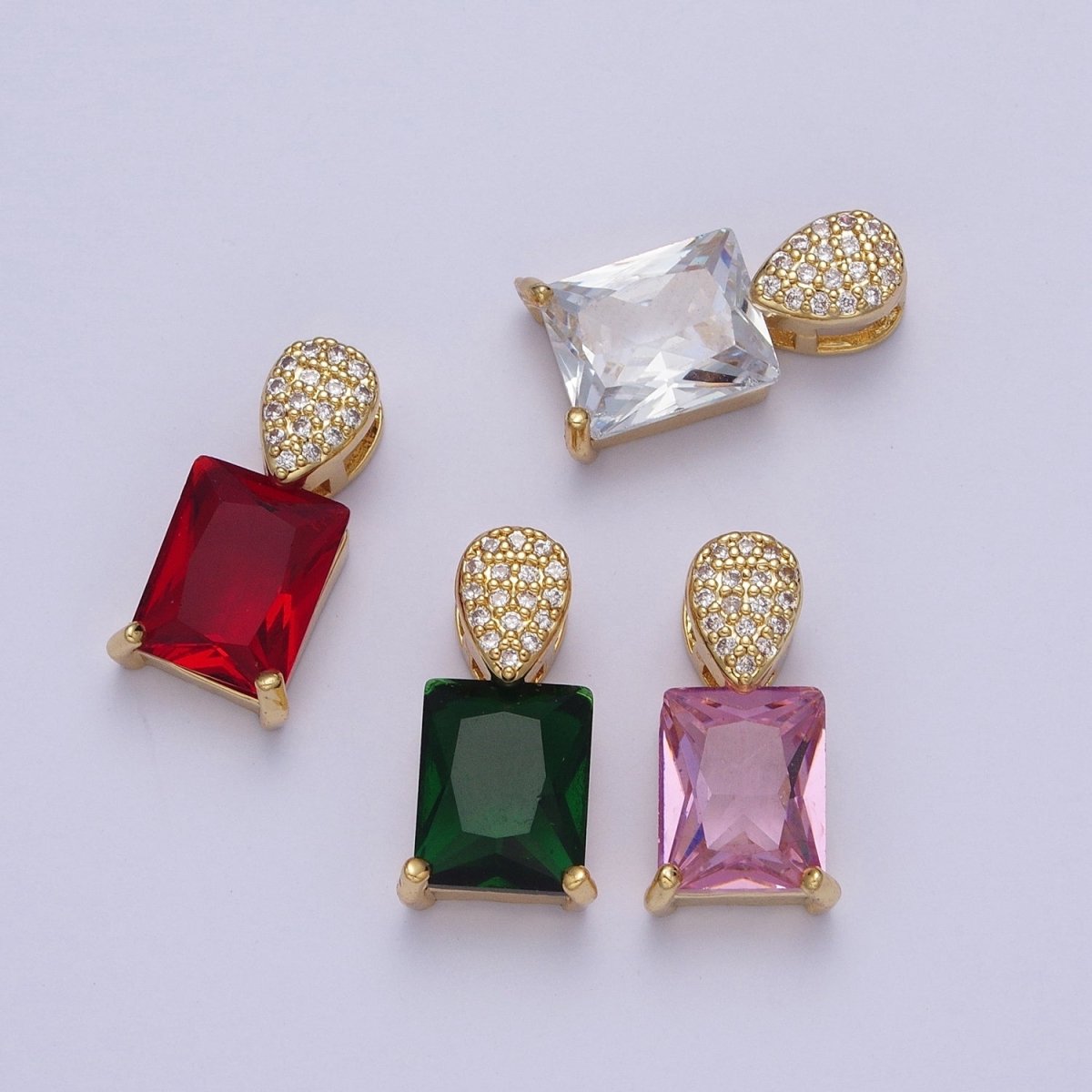 Green, Pink, Clear, Red Baguette Micro Paved CZ Teardrop Slider Pendant  H-405 H-893 H-917 H-922
