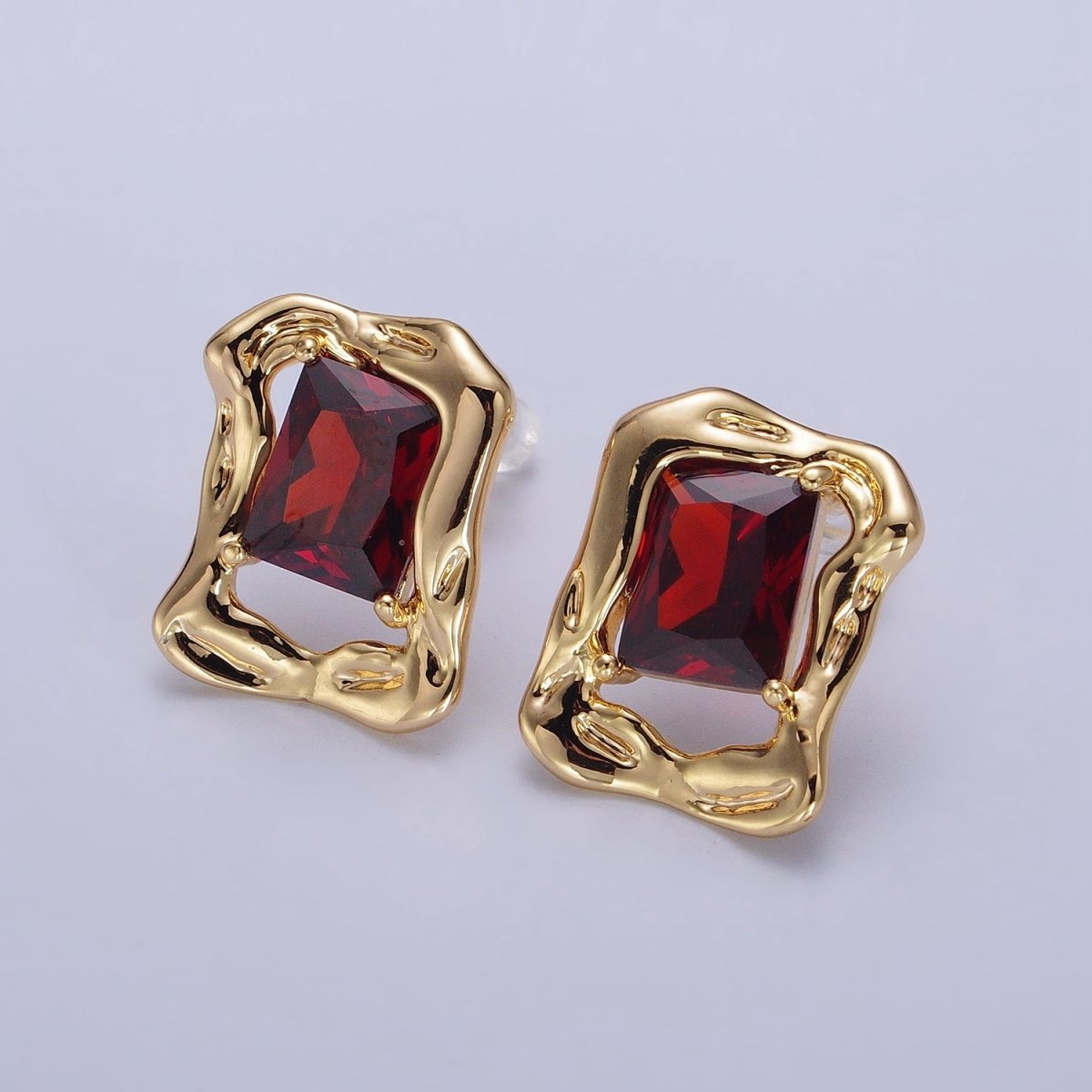 Green, Red, Blue CZ Baguette Geometric Gold Framed Stud Earrings | AB134 - AB136