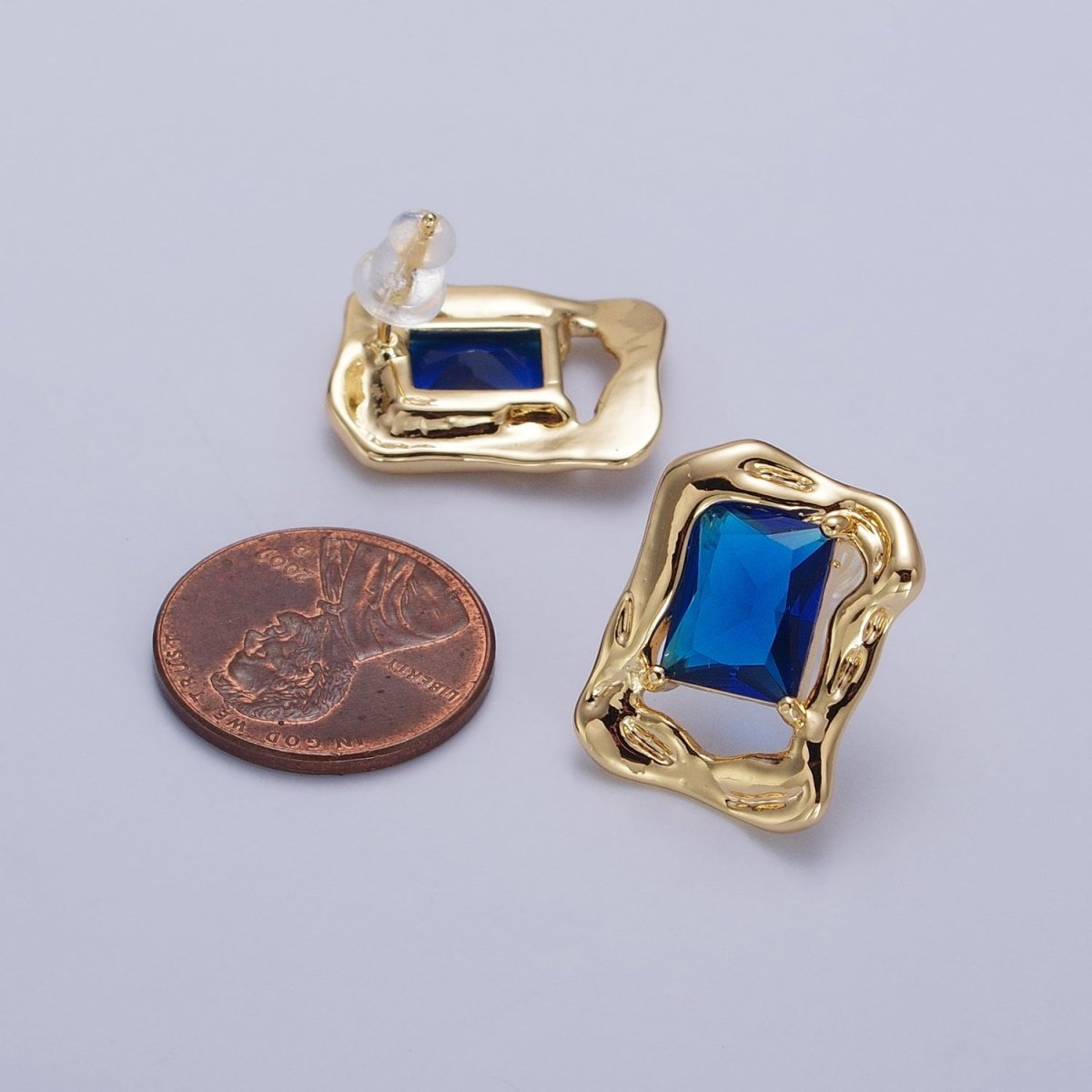 Green, Red, Blue CZ Baguette Geometric Gold Framed Stud Earrings | AB134 - AB136