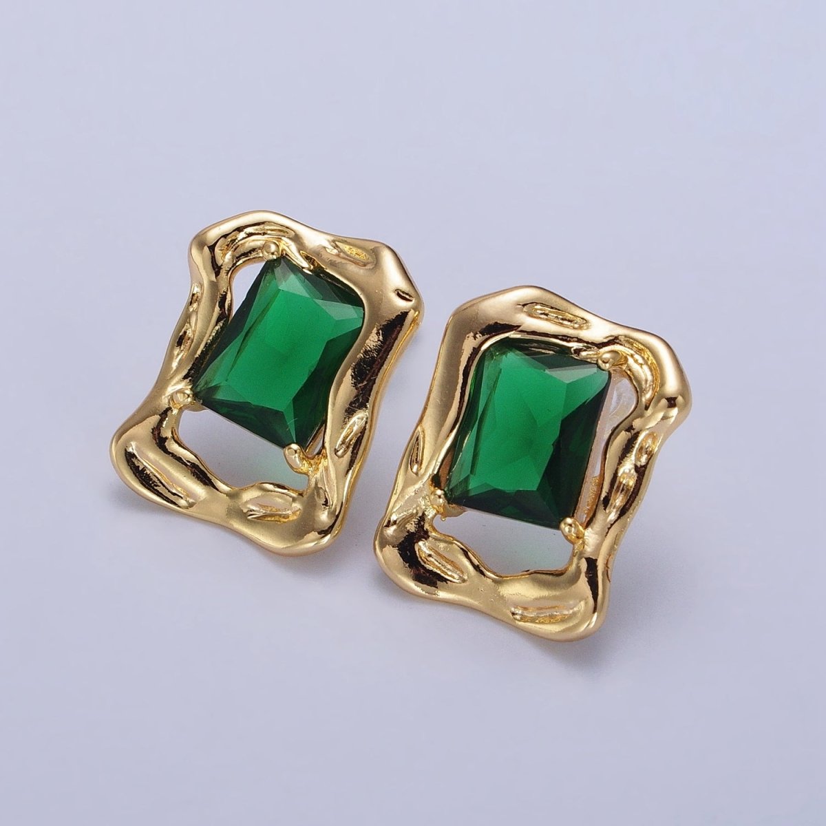 Green, Red, Blue CZ Baguette Geometric Gold Framed Stud Earrings | AB134 - AB136